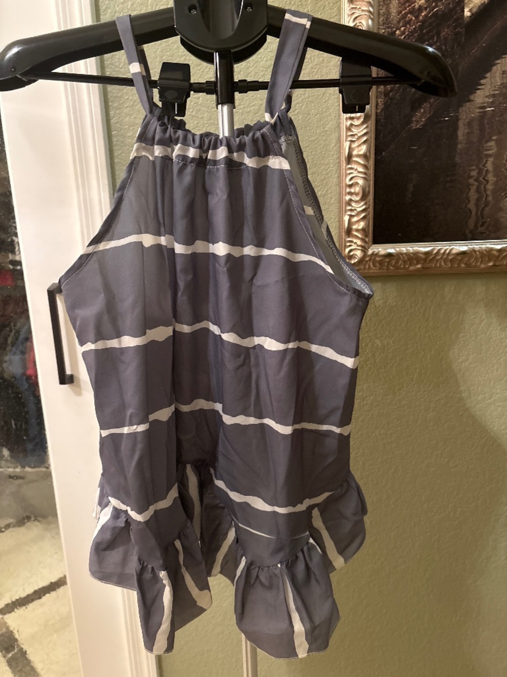 Gray and White Striped High Neck Halter Tank Top with Ruffle Hem